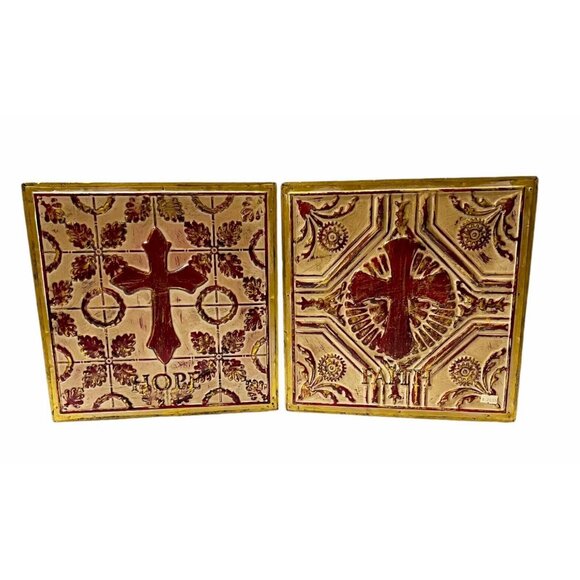 Faith Hope Wall Hanging Decor Religious Tin Metal Wood Rustic 12.5"x12.5"x1.5" - Picture 1 of 6